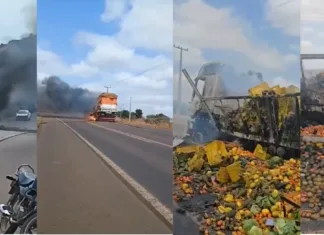 Caminhão de vegetais pega fogo na BR-222: prejuízo milionário!