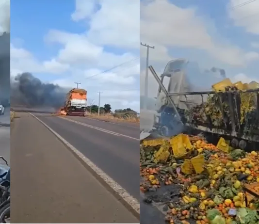 Caminhão de vegetais pega fogo na BR-222: prejuízo milionário!